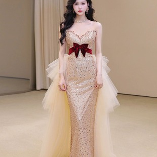 主持人晚礼服裙女高端轻奢小众抹胸2026新款声乐艺考气质名媛亮片