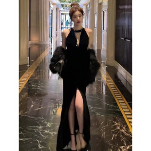 黑色晚礼服裙女宴会年会主持人高端轻奢小众生日成人礼重工小礼服