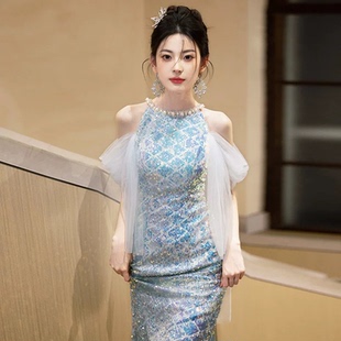 粉色晚礼服女宴会轻奢小众高端高级感主持人法式鱼尾裙学生成人礼