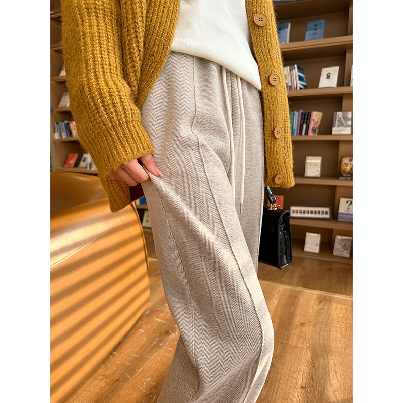 人字纹阔腿裤女秋冬加绒高腰垂感休闲加厚毛呢裤窄版羊毛直筒裤子