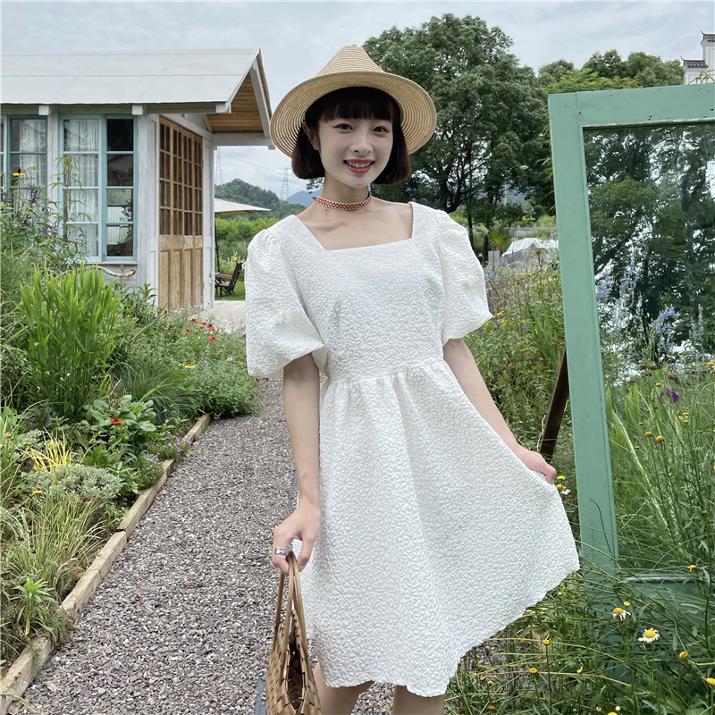 Real price French square neck bubble sleeve pleated waist slim dress