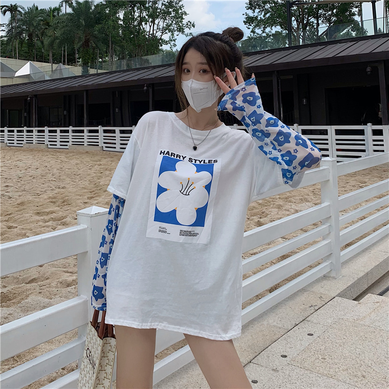 Real price summer flower print stitched sleeve fake two loose sunscreen t-shirts