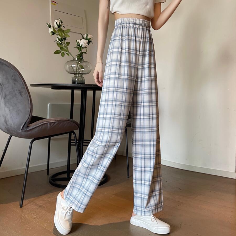 Real shot real price Korean version vertical feeling high waist show thin Plaid leisure wide leg pants