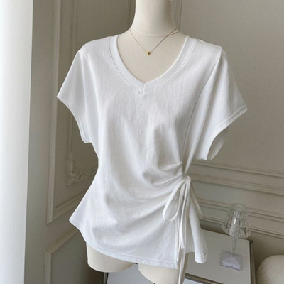 DH Studio-26年夏上新韩系绑带收腰V领短袖T恤女夏季穿ZT-PY-1093