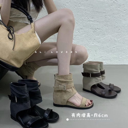 阿里情人-2026夏上新春夏简约一字内增高露趾短靴百搭基（2488-22