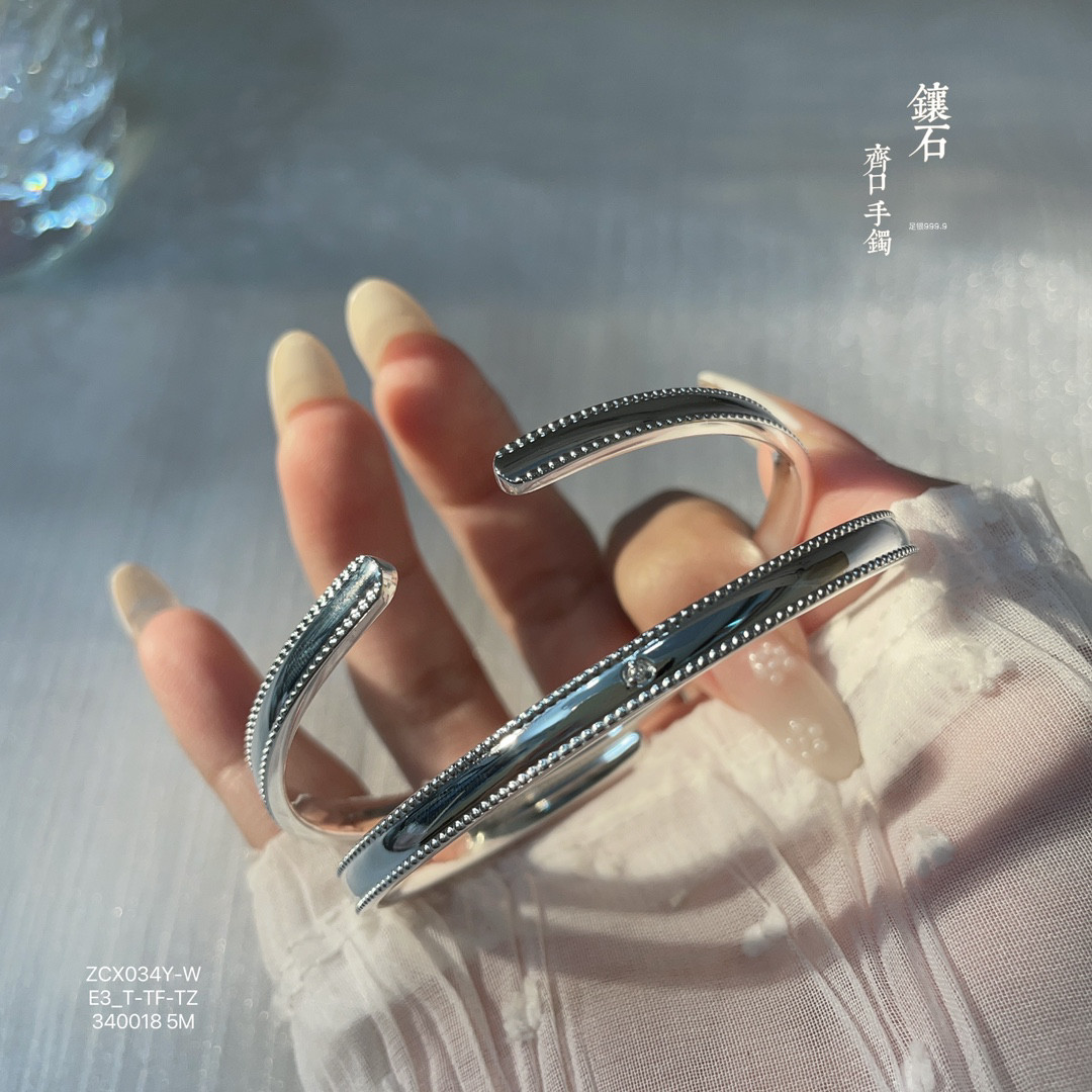 胜银· 镶水钻足银999.9手镯小圈口亮面细手小女生礼物纯银手镯