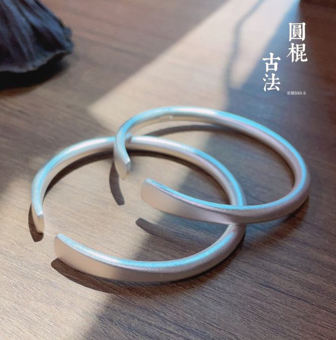 胜银·足银999.9手镯古法圆棍实心男生女生通戴开口平头纯银手镯