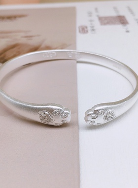 胜银·猫爪古法实心纯银手镯时尚开口女生闺蜜女朋友礼物足银999