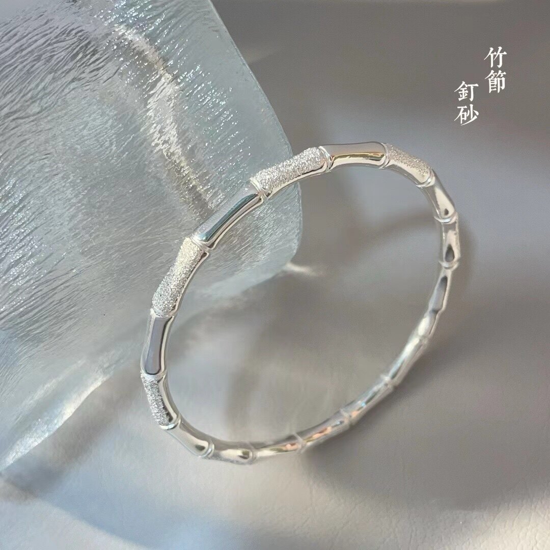 胜银·竹节闭口实心足银999手镯打砂亮面相间送女生闺蜜礼物银镯