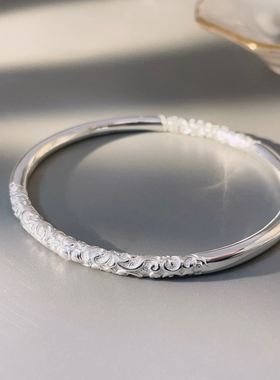 胜银·卷草纹圆棍亮面实心足银999.9手镯闭口自戴送女生纯银手镯