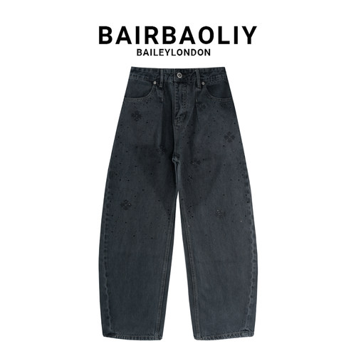 BAIRBAOLIY潮牌时尚高端高品质黑色十字烫钻弯刀裤宽松水洗牛仔裤