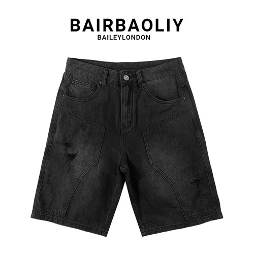 BAIRBAOLIY黑色破洞牛仔五分短裤
