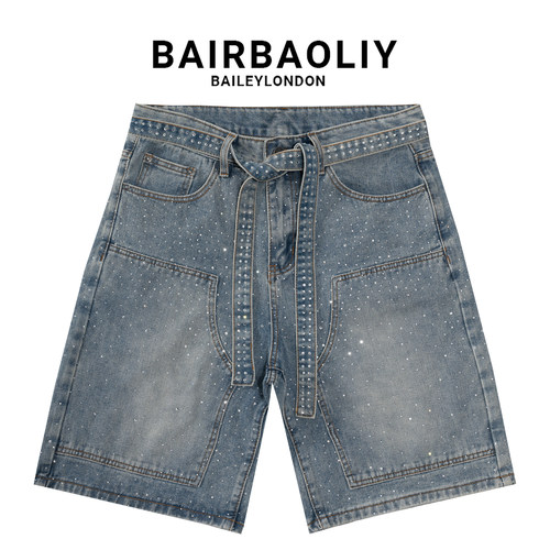 BAIRBAOLIY潮流重工轻奢时尚高级满天星烫钻男士直筒牛仔短裤中裤