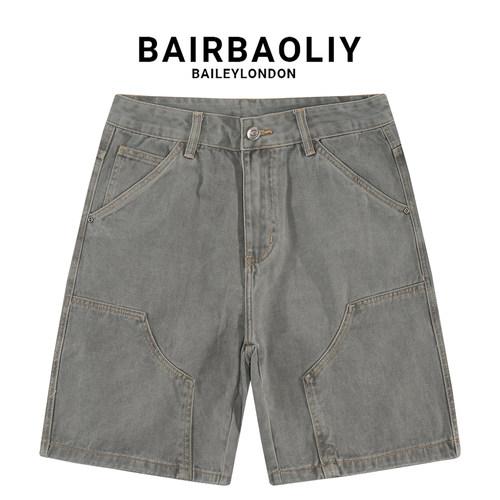 BAIRBAOLIY美式街头潮流工装风纯棉牛仔短裤男高街宽松直筒五分裤