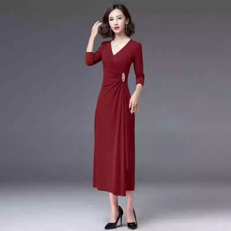 春装新款V领气质优雅修身名嫒收腰显瘦长款连衣裙晚礼服红色长裙
