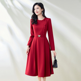 2025春装新款连衣裙长袖高档收腰修身法式气质优雅秋冬加绒女红裙