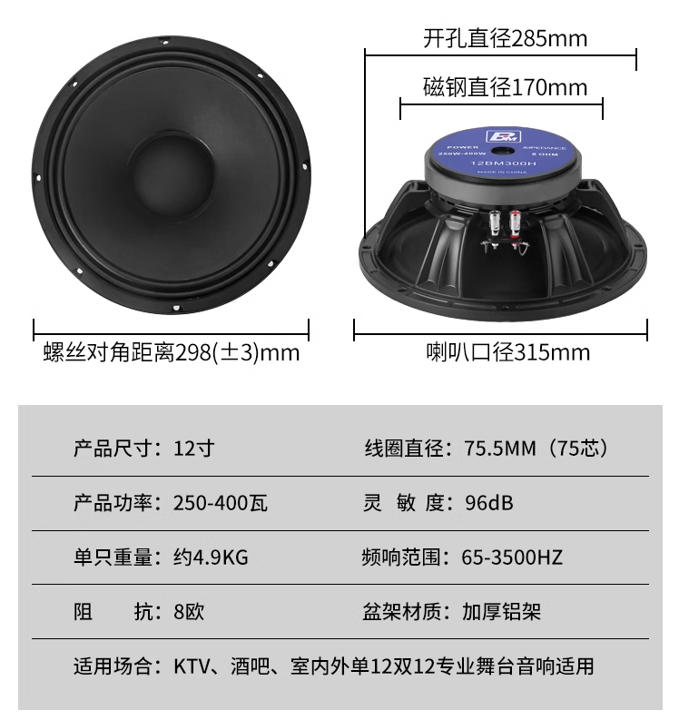 销品雷顿12寸BM300H低音喇叭400H大功率中低音全频酒吧舞台演出扬