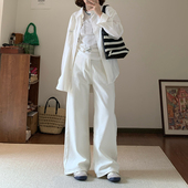 女春夏高腰宽松百搭拖地直筒裤 阔腿牛仔裤 韩系白色窄版 Omang桃喜