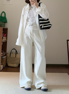 Omang桃喜 韩系白色窄版阔腿牛仔裤女春夏高腰宽松百搭拖地直筒裤