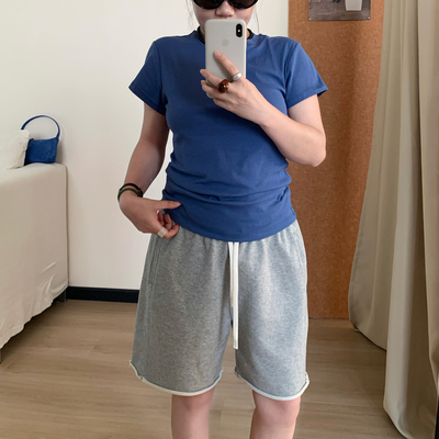 Omang桃喜普蓝显白正肩短袖T恤女夏小个子修身显瘦小圆领半袖上衣
