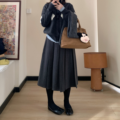 Omang桃喜 韩系学院风中长款毛呢百褶裙女秋冬复古a字过膝半身裙