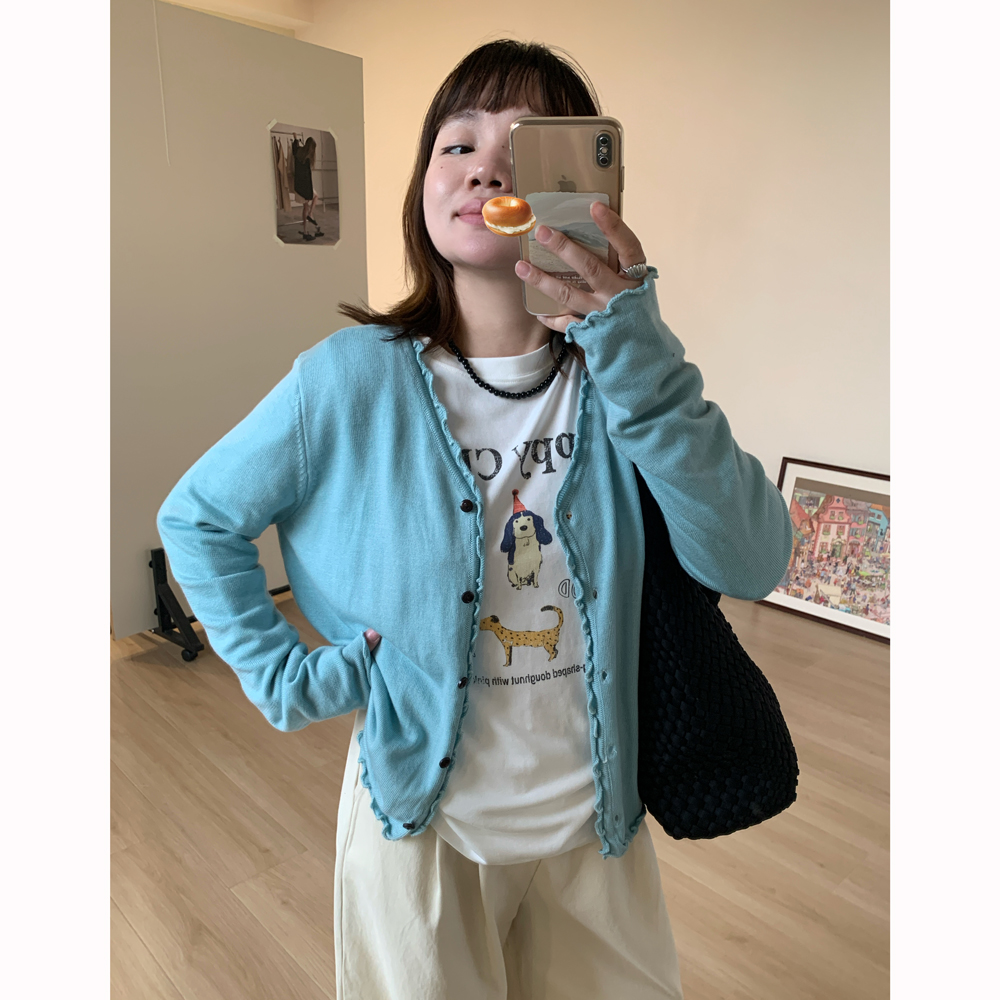 Omang桃喜 韩系甜美风木耳边针织开衫女早秋气质温柔宽松线衫外套