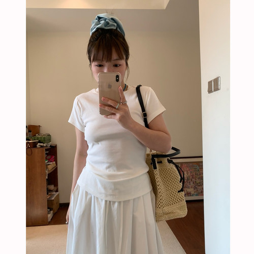 Omang桃喜 白色修身正肩短袖T恤女夏季显瘦百搭纯色半袖体恤上衣