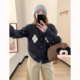 Omang桃喜 菱形格拼色毛衣开衫 女春秋韩系设计感学院风针织外套