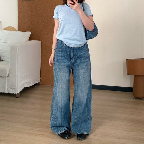 Omang桃喜 复古竹节纹直筒牛仔裤女春季小个子高级感窄版阔腿长裤