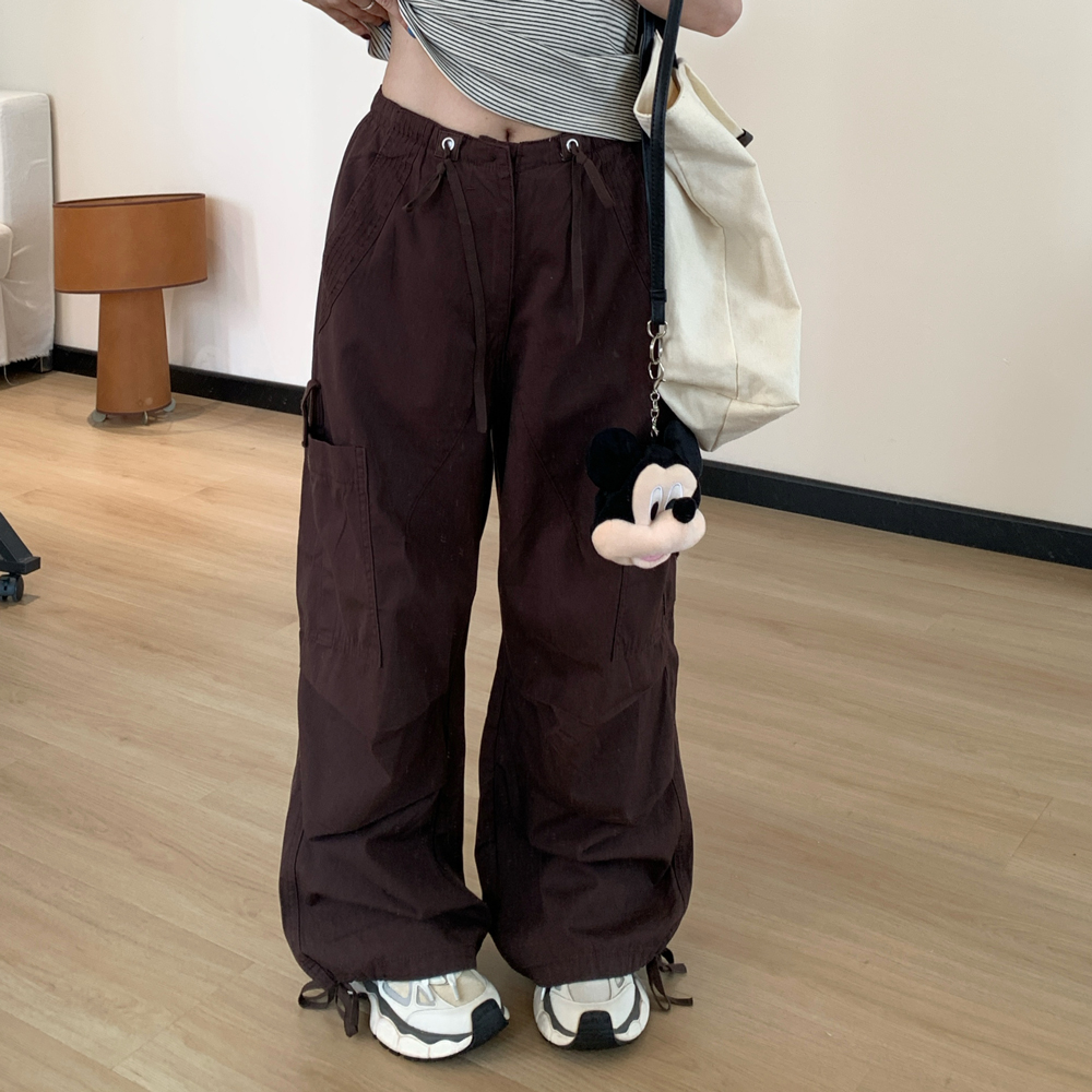 Omang桃喜 美式甜酷松紧腰抽绳工装裤女夏小众设计感拖地降落伞裤