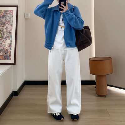 Omang桃喜 加绒加厚窄版直筒牛仔裤女秋冬高腰显瘦百搭白色长裤