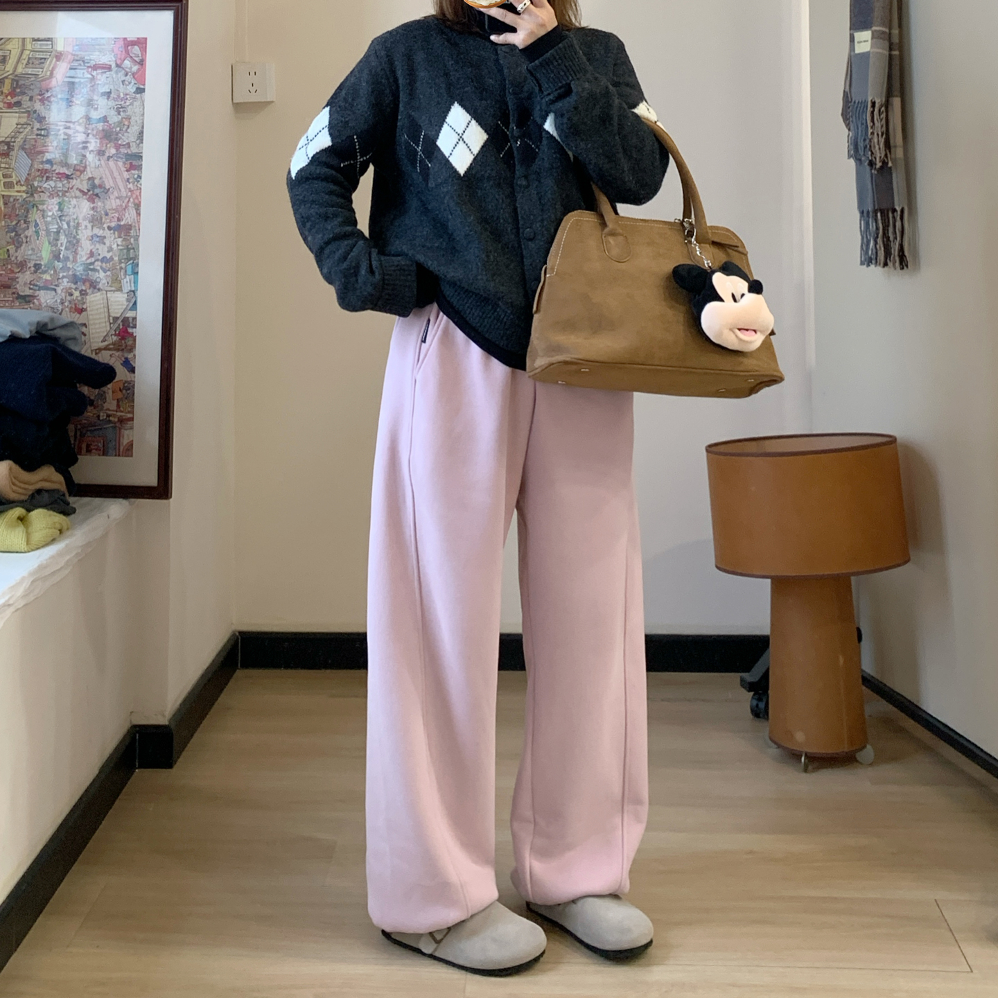 Omang桃喜 粉色加绒加厚束脚卫裤女冬季保暖百搭直筒休闲运动裤