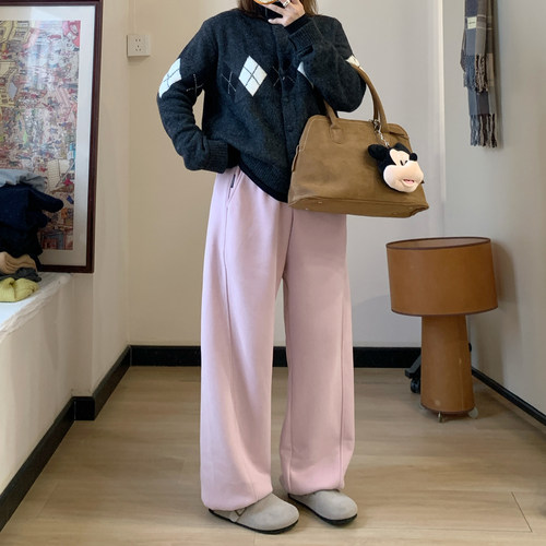 Omang桃喜 粉色加绒加厚束脚卫裤女冬季保暖百搭直筒休闲运动裤