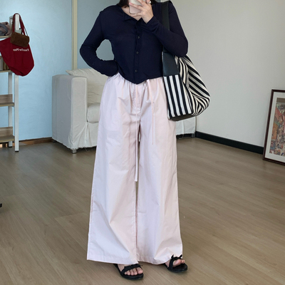 Omang桃喜 小个子粉色阔腿休闲裤女夏季抽绳宽松百搭松紧腰长裤