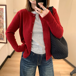 Omang桃喜 圣诞氛围感红色开衫毛衣女秋冬小个子合身百搭针织开衫