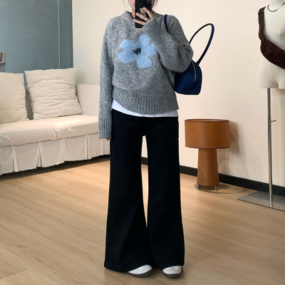 Omang桃喜 不贴腿微喇黑色牛仔裤女秋季高腰宽松显瘦弹力喇叭裤