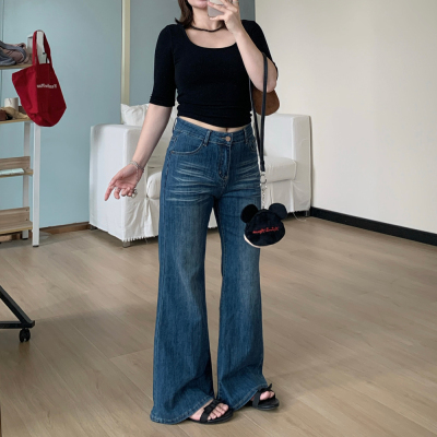 Omang桃喜 蓝色弹力中腰喇叭牛仔裤女春秋百搭修身辣妹拖地马蹄裤