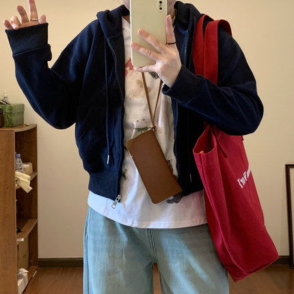 Omang桃喜 小个子短款连帽卫衣女春秋宽松百搭藏青色拉链帽衫外套