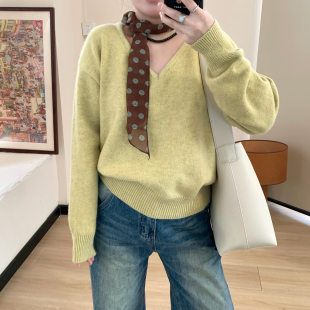 针织上衣 线衫 Omang桃喜 韩系简约V领毛衣女秋冬宽松百搭落肩袖