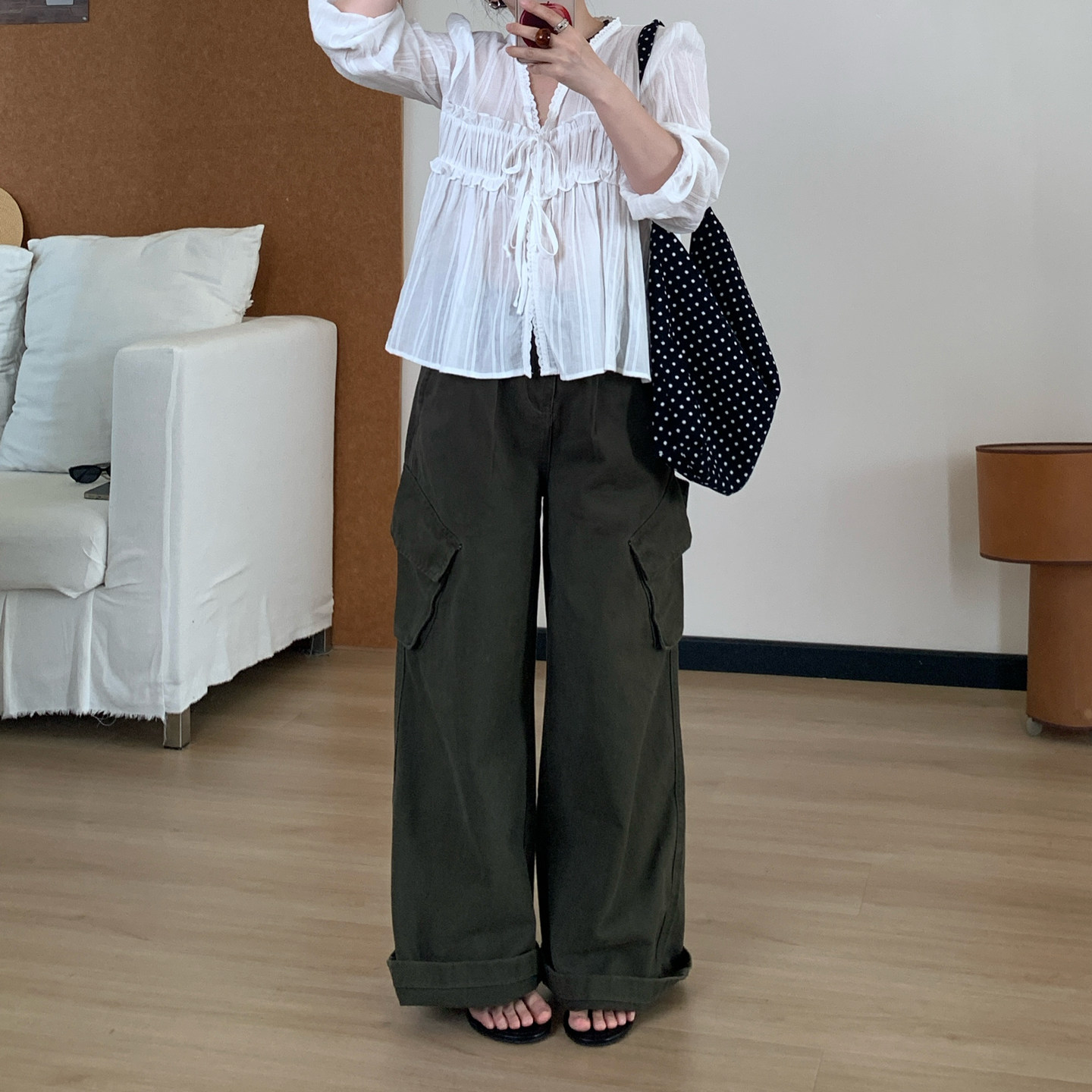 Omang桃喜 甜酷休闲军绿色工装裤女春季美式复古设计感直筒拖地裤
