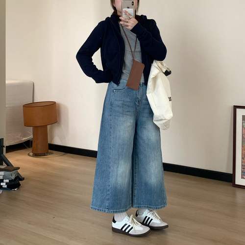 Omang桃喜 美式潮酷八分阔腿牛仔裤女早秋高腰宽松显瘦松弛感裤子