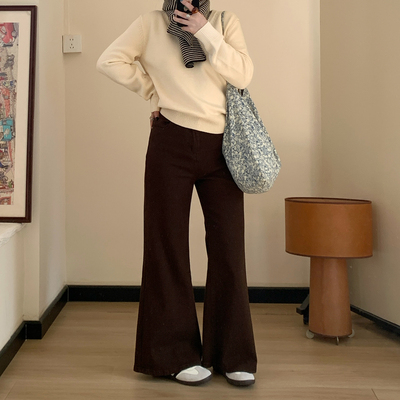 Omang桃喜 美式复古咖色微喇牛仔裤女秋冬高腰弹力修身显瘦喇叭裤