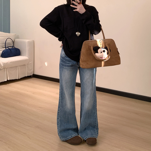 Omang桃喜 低腰辣妹直筒微喇牛仔裤女秋冬设计感浅色复古蓝长裤