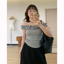 Omang桃喜 纯欲辣妹一字领露肩上衣女夏季超好看木耳边一字肩T恤