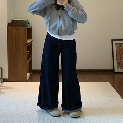 Omang桃喜 深蓝色直筒牛仔裤女春秋高腰宽松显瘦百搭拖地阔腿长裤