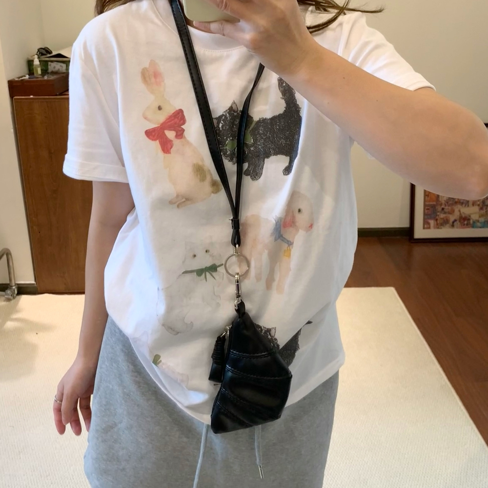 Omang桃喜  白色小动物印花短袖T恤女夏季宽松显瘦百搭设计感上衣