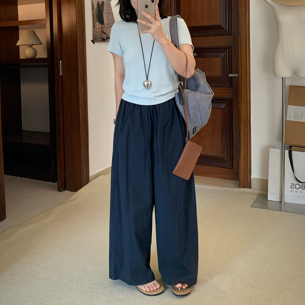 Omang桃喜 韩系松紧腰褶皱休闲阔腿裤女夏季透气九分遛弯奶奶裤