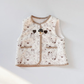 儿童秋冬甜美卡通图案加绒保暖蘑菇印花圆领背心马甲