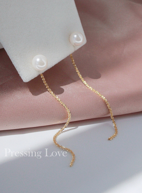 Pressing Love纯银珍珠耳环女爆闪中长款后挂式耳链温柔仙女耳饰