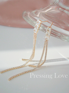 Pressing Love高级感显脸小长款锆石流苏耳环女轻奢气质超闪耳饰